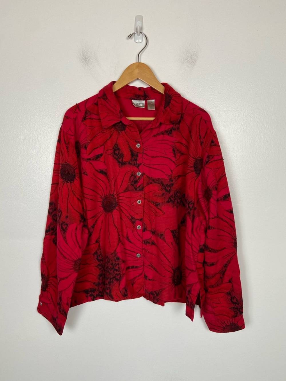 Chico's Floral Beaded Shirt Size 3 US XL Red Cotton Woven Artsy Maximalist Boho